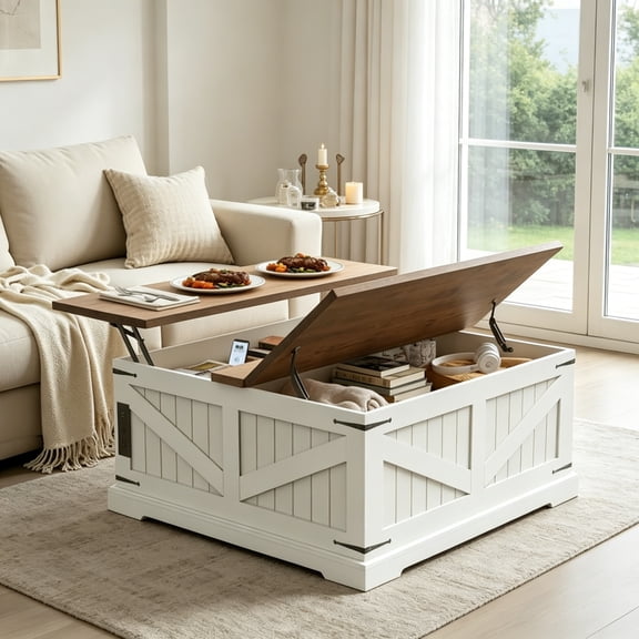 36" Lift Top Coffee Table with Storage and Charging Station, Farmhouse Square Coffee Table with Hidden Compartment, Adjustable Laptop Desk for Living Room, USB Ports and Outlets