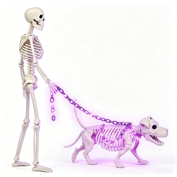 36" Light Up Full Body Skeleton & Dog Skeleton Decoration,Halloween Posable Skeleton with Lights Chain,Gothic Moving Joints Skeletons Decoration for Outdoor Indoor Yard Patio Haunted House