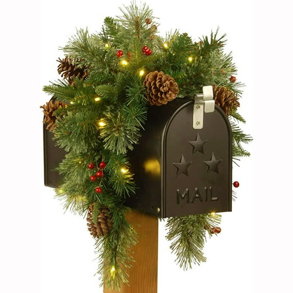 36" Lighted Mailbox Swag with Timer Function Artificial Pine Cone Red Berries Mailbox Garland Simulated Pine Needles Christmas Swag for Front Door Window