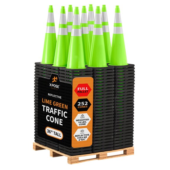 36” Lime Green Traffic Cone - Dual 6" & 4" Reflective Collar – 252 Cones - Multipurpose Premium PVC Safety Cone for Parking, Caution, Construction, Road Crews, Emergency Vehicle - Xpose Safety