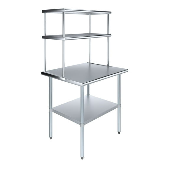 36" Long x 30" Deep" Stainless Steel Work Table With 18" Wide Double Tier Overshelf | Metal Kitchen Prep Table & Shelving Combo