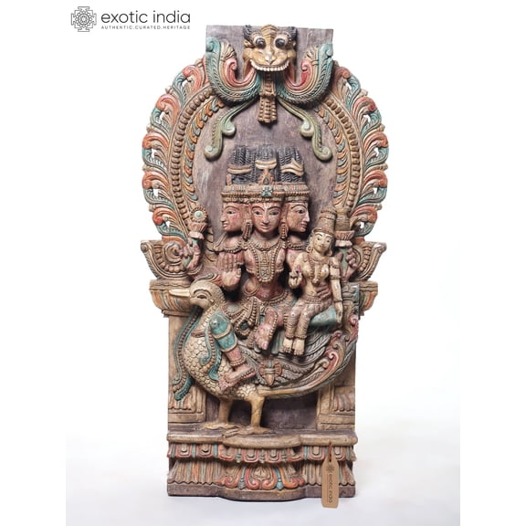 36" Lord Murugan (Kartikeya) with Consort on Peacock Intricately Carved Wooden Statue