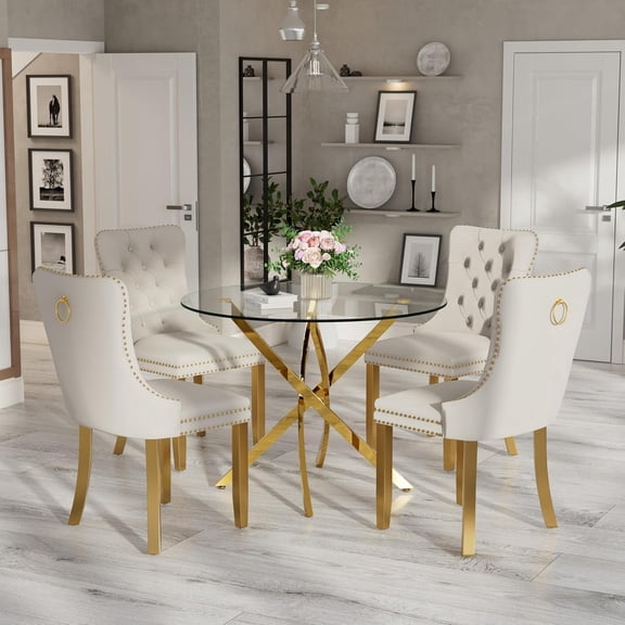 36" Luxury Glass Round Dining Table Set with 4 Velvet Upholstered Dining Chairs with Metal Legs, Modern Kitchen Table for 4, Glass Table Top with Gold Crossed Metal Legs(Beige&Gold)