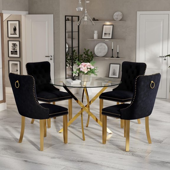 36" Luxury Glass Round Dining Table Set with 4 Velvet Upholstered Dining Chairs with Metal Legs, Modern Kitchen Table for 4, Glass Table Top with Gold Crossed Metal Legs(Black&Gold)
