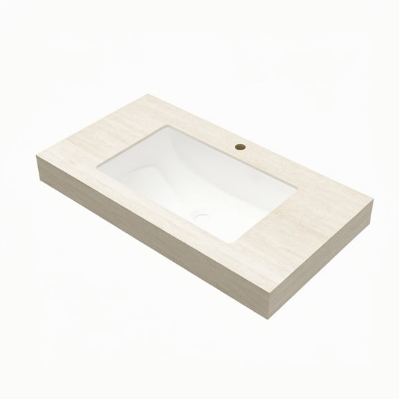 36" MURI Roma Travertine-Pattern Sintered Stone Countertop and Undermount Ceramic Basin with One Standard Pre-drilled Faucet Hole, NO Cabinet, NO Faucet and Sink Cover
