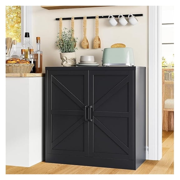 36" Metal Storage Cabinet, Farmhouse Kitchen Pantry Cabinet with Doors and Adjustable Shelves, Sideboard Buffet Cabinet,Short Storage Cabinets for Dining/Bathroom/Living/Room,Entryway, Black