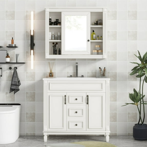 36"Modern Bathroom Storage Cabinet with 2 Soft Closing Doors and 2 Drawers, Mirror Cabinet with Vintage Handle, Single Sink Bathroom Vanity with Adjustable Soft-Close Hinges,White