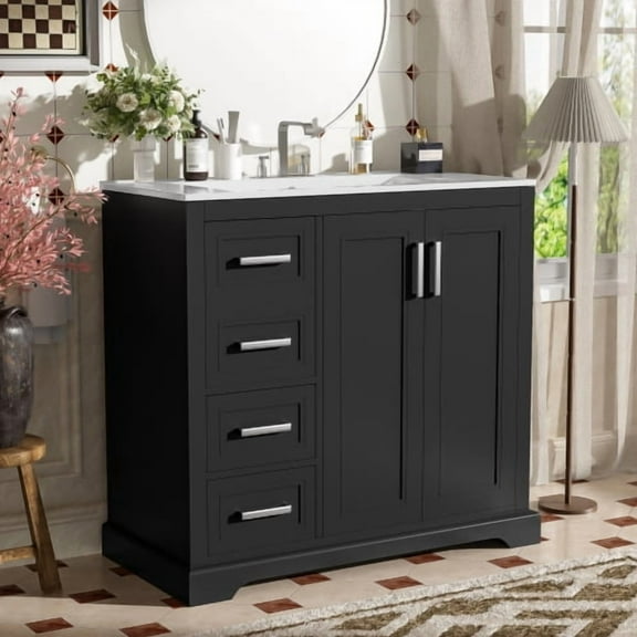 36" Modern Bathroom Vanity with Ceramic Sink, Soft-Close Doors & Drawers, Ample Storage for Small to Medium Bathrooms, Free-Standing Cabinet