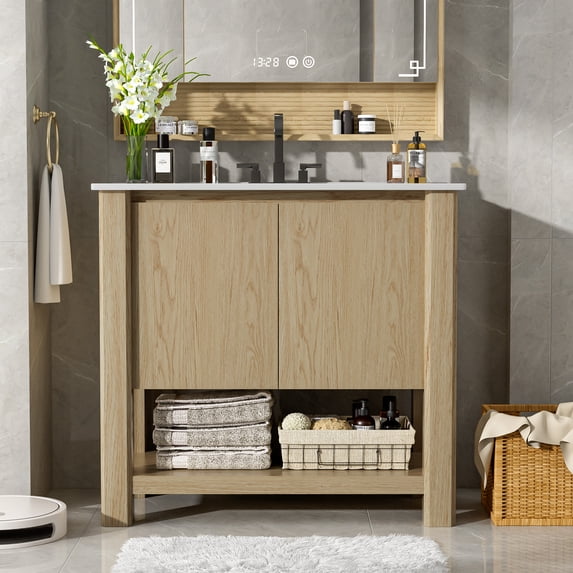 36" Modern Bathroom Vanity with Rectangle Ceramic Sink, Bathroom Cabinet with Large storage space and 45 Degrees Free-Handle Design Soft-Closing Doors, 1 Open Shelf at the Bottom, Natural
