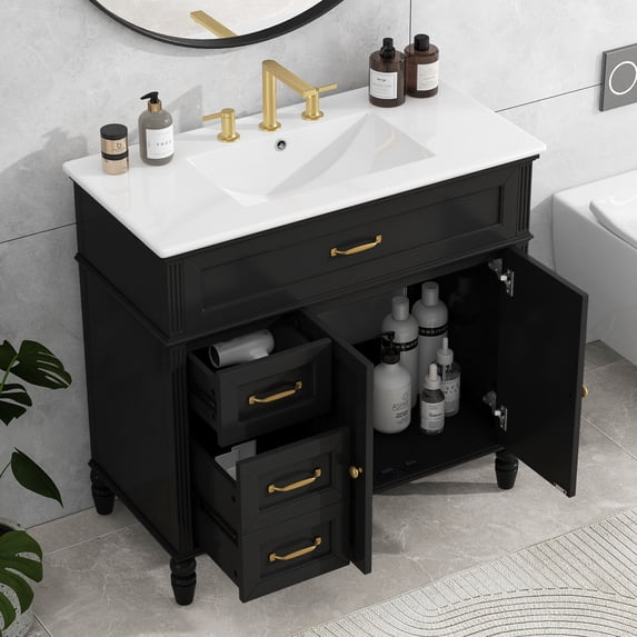 36" Modern Bathroom Vanity with Sink, Freestanding Storage Cabinet with 2 Doors & 2 Drawers, Solid Wood Frame and MDF Construction, Black Bathroom Vanity for Space-Saving Organization