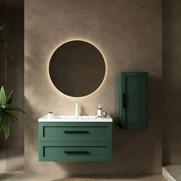 36" Modern Bathroom Vanity, Wall-Mounted with Storage Drawers / Premium Glossy White Ceramic Basin, No Dead Corners