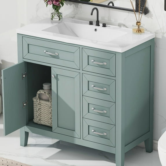36" Modern Bathroom Vanity in Green Color with Solid Frame and Smooth Ceramic Basin for Easy Cleaning