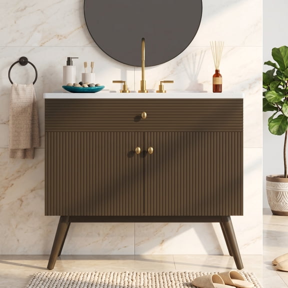 Soft-Close Storage Vanity with 36" Dark Brown Ceramic, Bathroom