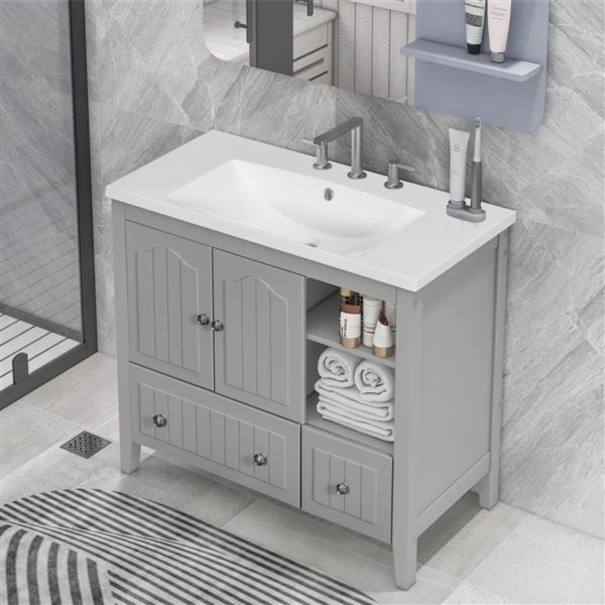 36” Modern Grey Bathroom Vanity with Spacious Ceramic Basin Stylish