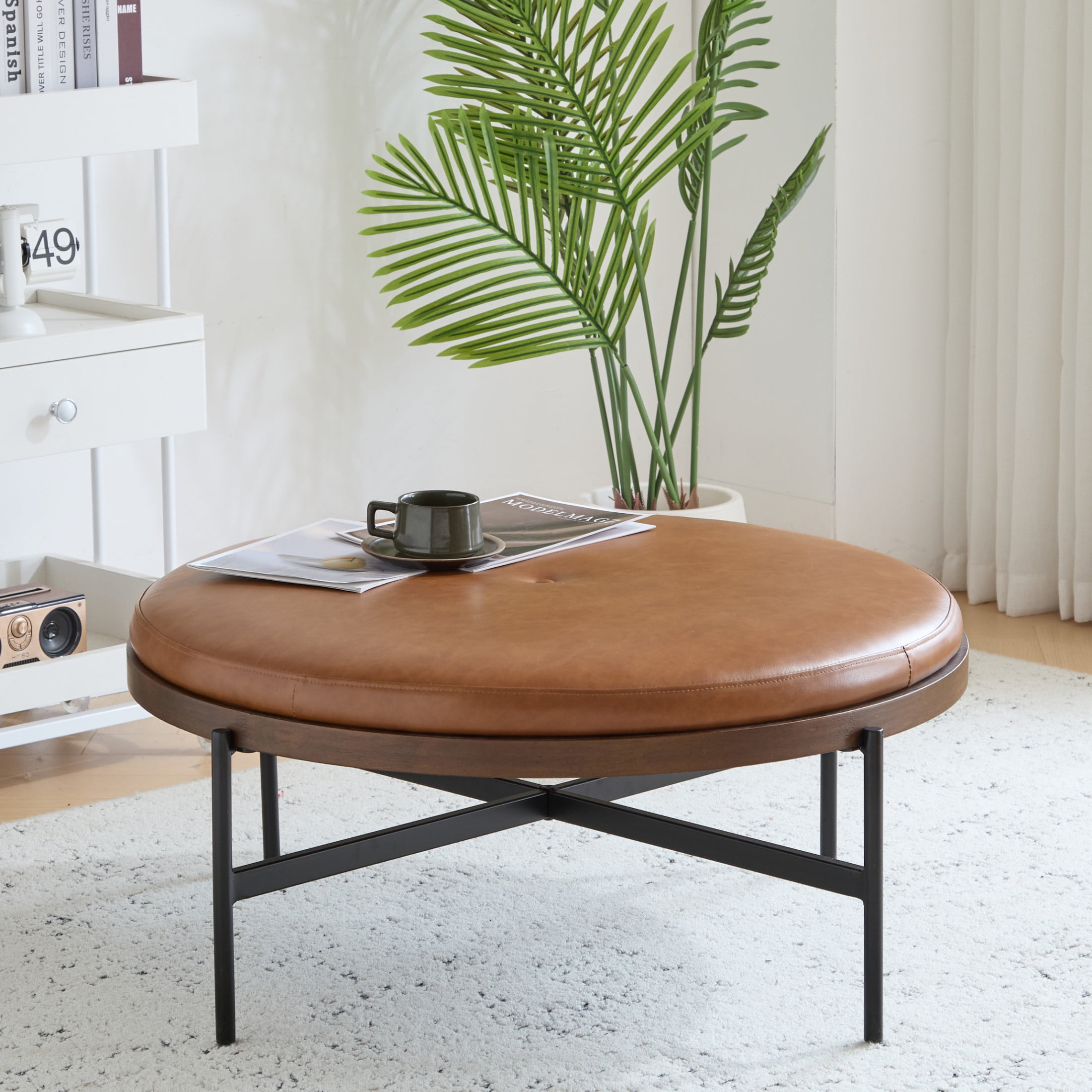 Casual Home 36'' Modern Round Cocktail Ottoman with PU Upholstery and Metal Base, Brown and Black