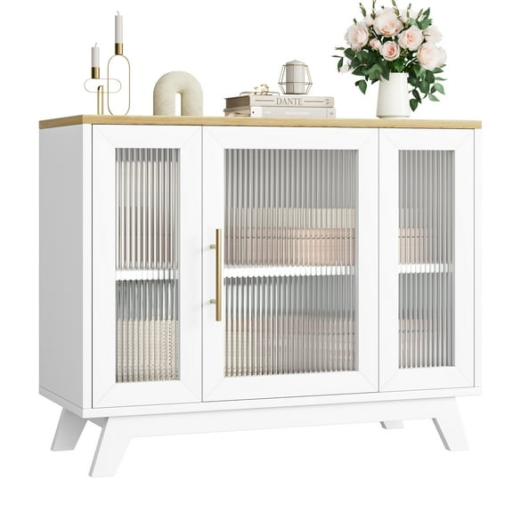 36" Modern Sideboard Cabinet with Fluted Glass Doors, White Accent Storage Buffet with Adjustable Shelves, Oak Finish
