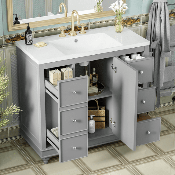 36" Modern Solid Wood Bathroom Vanity with Resin Sink, 4 Durable Drawers & Adjustable Shelves, Free-Standing Storage Cabinet in Gray for Moisture-Resistant Bathroom Organization