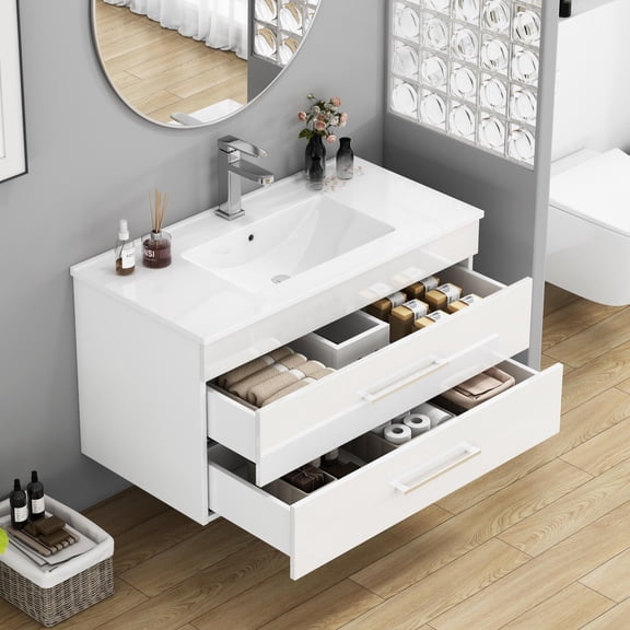 36''Modern Wall-Mounted Bathroom Vanity w/ Sink Combo&2Drawers,Long Metal Handle
