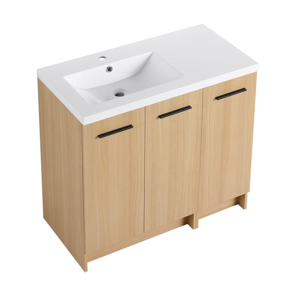 36" Modular Freestanding Bathroom Vanity with 36" Resin Sink Top, Light Oak, 2-Piece Cabinet (24" 2-Door + 12" 1-Door), KD Cabinet, Includes Black & Brushed Aluminum Handles
