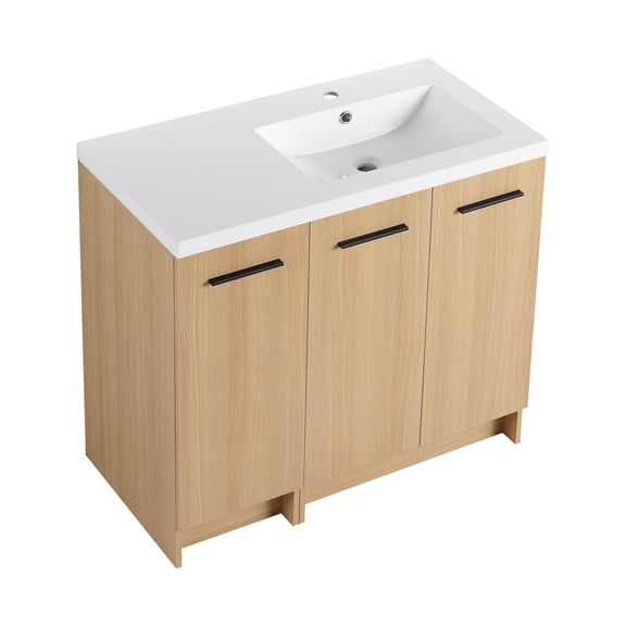 36" Modular Freestanding Bathroom Vanity with 36" Resin Sink Top, Light Oak, 2-Piece Cabinet (24" 2-Door + 12" 1-Door), KD Cabinet, Includes Black & Brushed Aluminum Handles