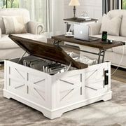 ANPOO 36” Square Lift Top Coffee Table with Power Outlets & Movable Wheels, Farmhouse Coffee Table w/Large Hidden Storage, Multi-Function Lift Wood Center Table for Home, Office,Rustic White