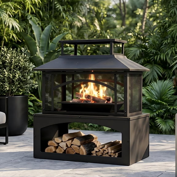 36" Outdoor Fire Pit with Wood Storage, Steel Wood Burning Fireplace, Mesh Spark Screen & Poker, Patio Heater with Removable Ash Pan for Backyard, Garden, Deck