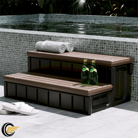 36'' Outdoor Hot Tub Steps with Storage, 2 Stairs Non-Slip Spa Steps Brown+Black
