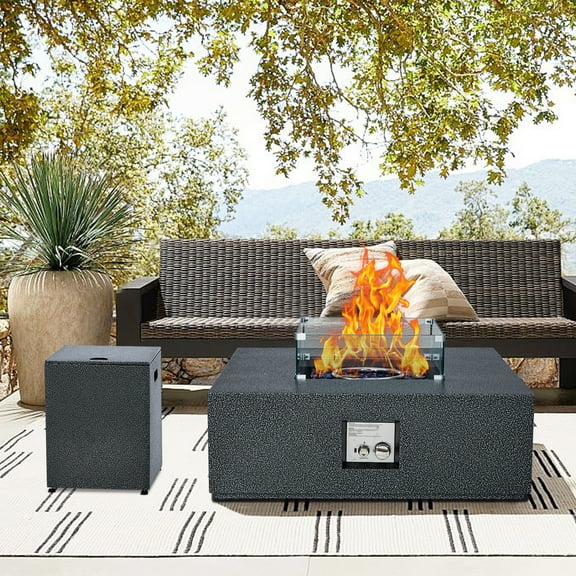 36" Outdoor Propane Fire Pit Table with Wind Guard, Glass Beads & 16" Tank Cover Side Table, 50,000 BTU Propane Fire Pit with Removable Lid, Square Patio Fire Pit Table for Patio, Deck, Garden, Black