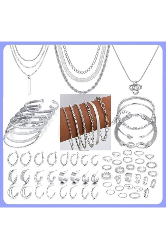 36 PC Silver Plated Jewelry Set With 3 Necklace, 7 Ear Cuffs Earring, 12 Bracelet, 14 Knuckle Rings For Women Valentine Anniversary Birthday Gift