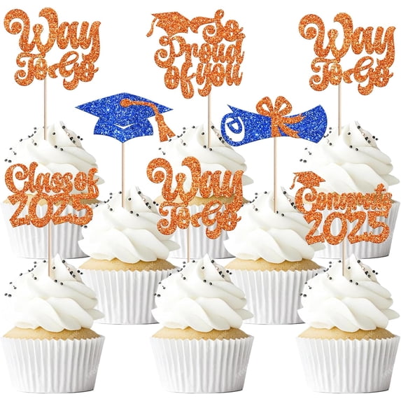 36 PCS 2025 Graduation Theme Cupcake Toppers Glitter So Proud of You Way to Go Diploma Congrats 2025 Graduation Cap Cupcake Picks for 2025 Graduation Theme Party Cake Decorations Supplies Blue Orange