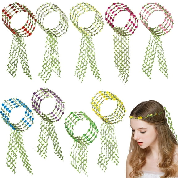 36 PCS Assorted Flower Crown Headbands, 9 Colors Paper Blossom Floral Wreath with Green Leaf Ribbon, Metal Wire Garland Headpiece for Wedding, Festival, Party, Holiday, Travel