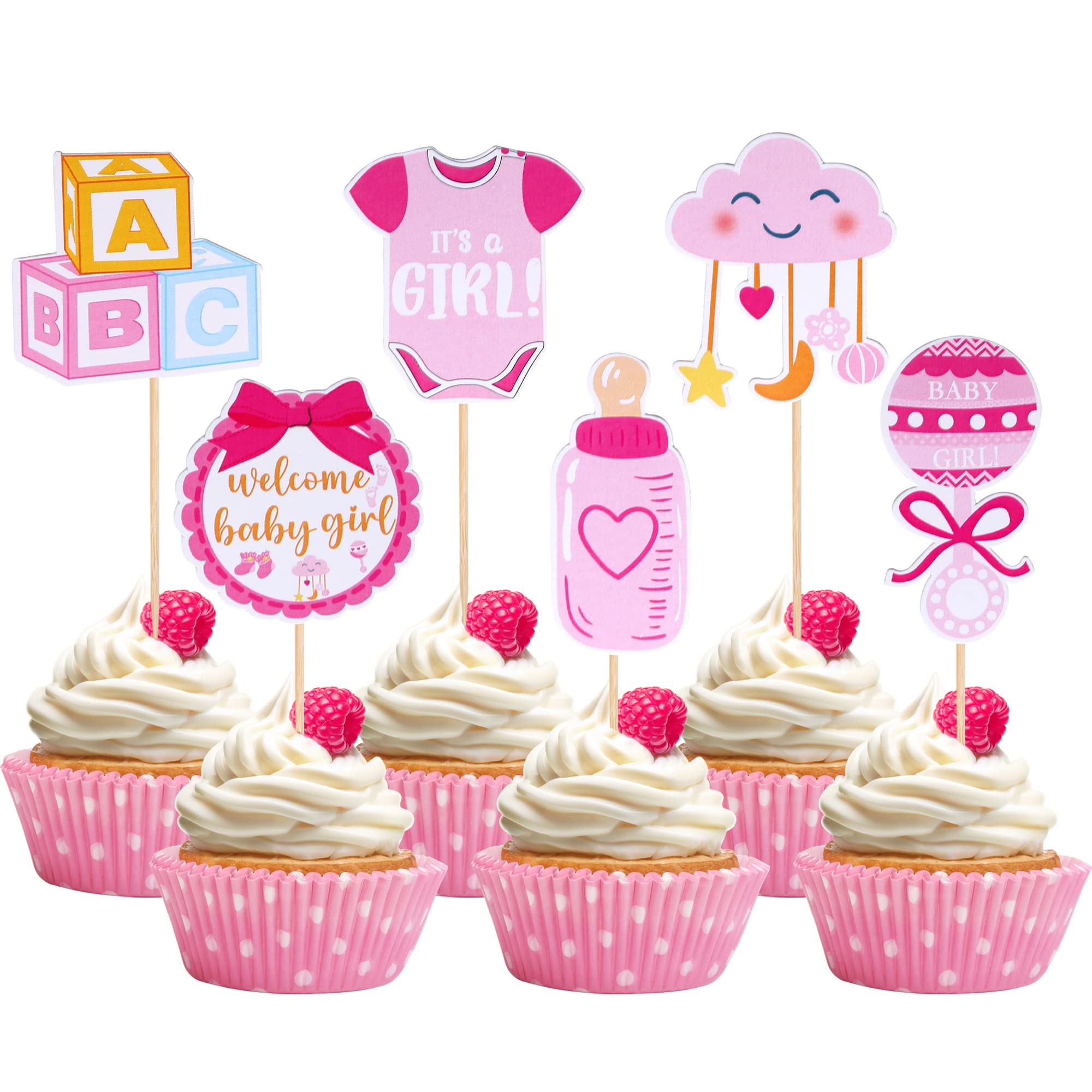36 PCS Baby Shower Girl Cupcake Toppers Double Sided Pacifier Cloud