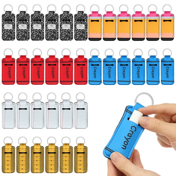 36 PCS Back to School Teacher Present Lipstick Holder with Keychain Crayon Composition Book Ruler Style Lip Balm Pouch Portable Lipstick Organizer Holder for Classroom Party Favor