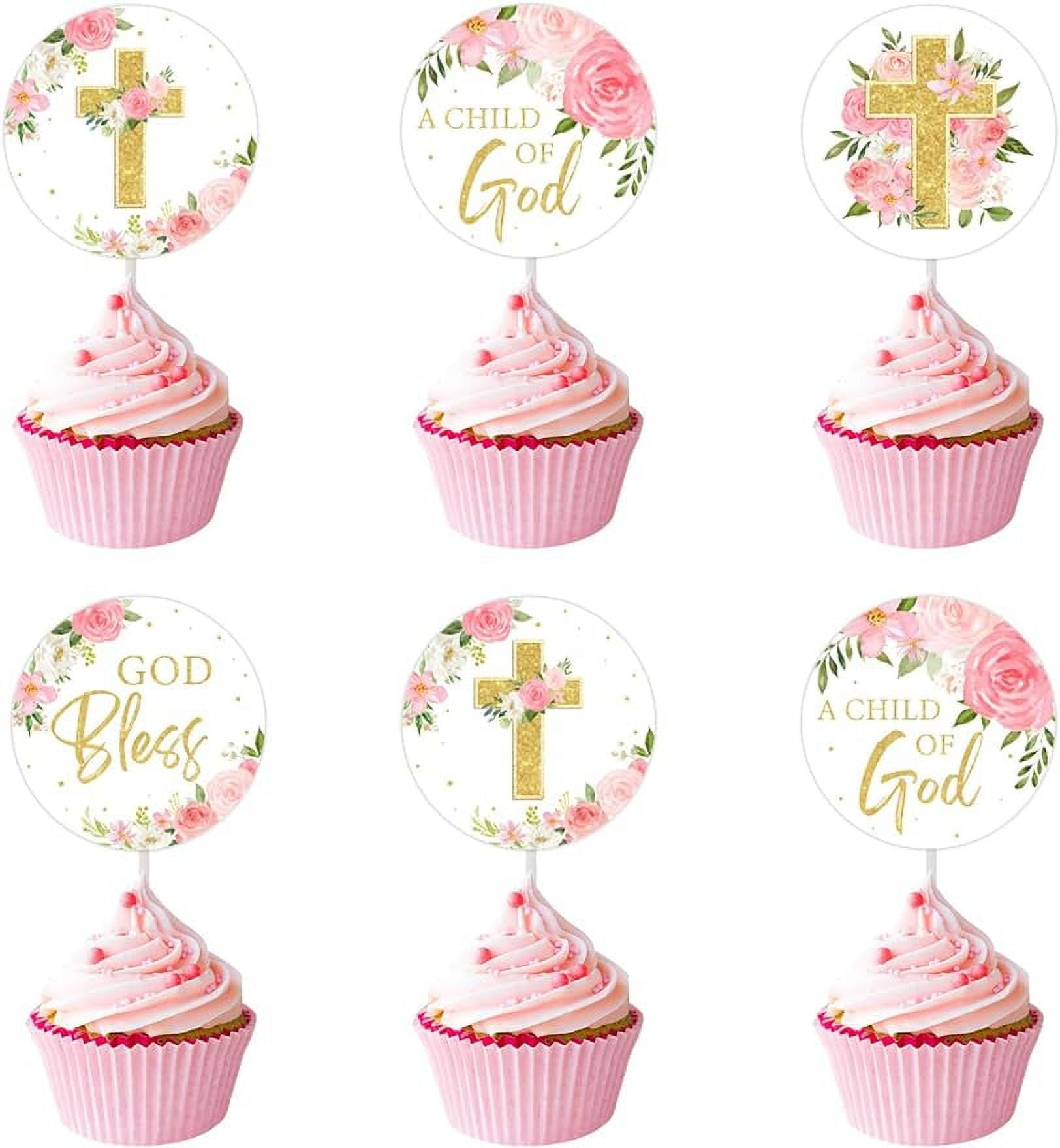 36 PCS Baptism Cupcake Toppers Pink Gold, God Bless Cross Cupcake Picks