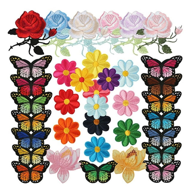 36 PCS Butterfly Flowers Iron on Patches Colorful Sew on Appliques Embroidery Badge Logo Patch Applique Roses DIY Crafts