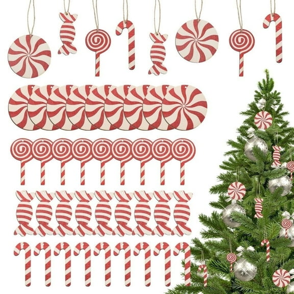 36 PCS Christmas Wooden Candy Ornaments, Lollipop Candy Cane Decor for Christmas, Christmas Wood Candy Hanging Ornaments, Wooden Peppermint Decor Christmas Tree Wood Cutouts, Christmas Party Supplies