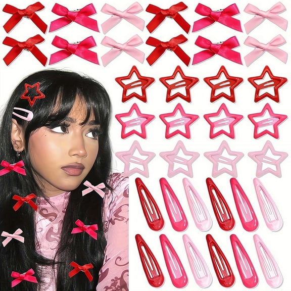 36 PCS Cute Hair Clips for Girls,Include 12 Mini Hair Bows/Adorable Star Clips/Classic Waterdrop Design,Non-Slip Barrettes Metal Accessories for Girls, Mini Fashion Cool Set for Rave Decor