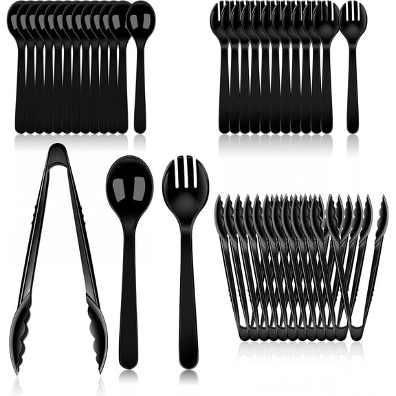 36 PCS Disposable Serving Utensils for Party - 12 Set Including Black Plastic Spoons, Tongs and Forks