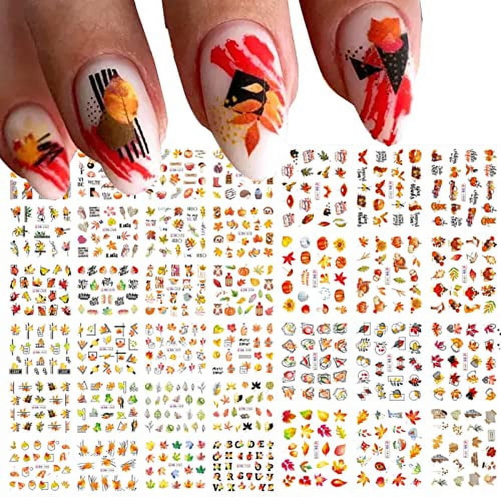 36 PCS Fall Nail Art Stickers Autumn Water Transfer Nail Decals Maple Leaf Pumpkin Flower Nail Stickers Thanksgiving Nail Design Decoration Watermark Nail Supply for Women and Girls Walmart