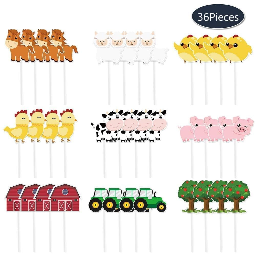 36 PCS Farm Cupcake Topper - Farm Animals Cake Toppers Farm Birthday Party Decorations for Kids Cartoon Tractor Barnyard Cupcake Toppers Favors Decors Picks Baby Shower Farm Party Supplies