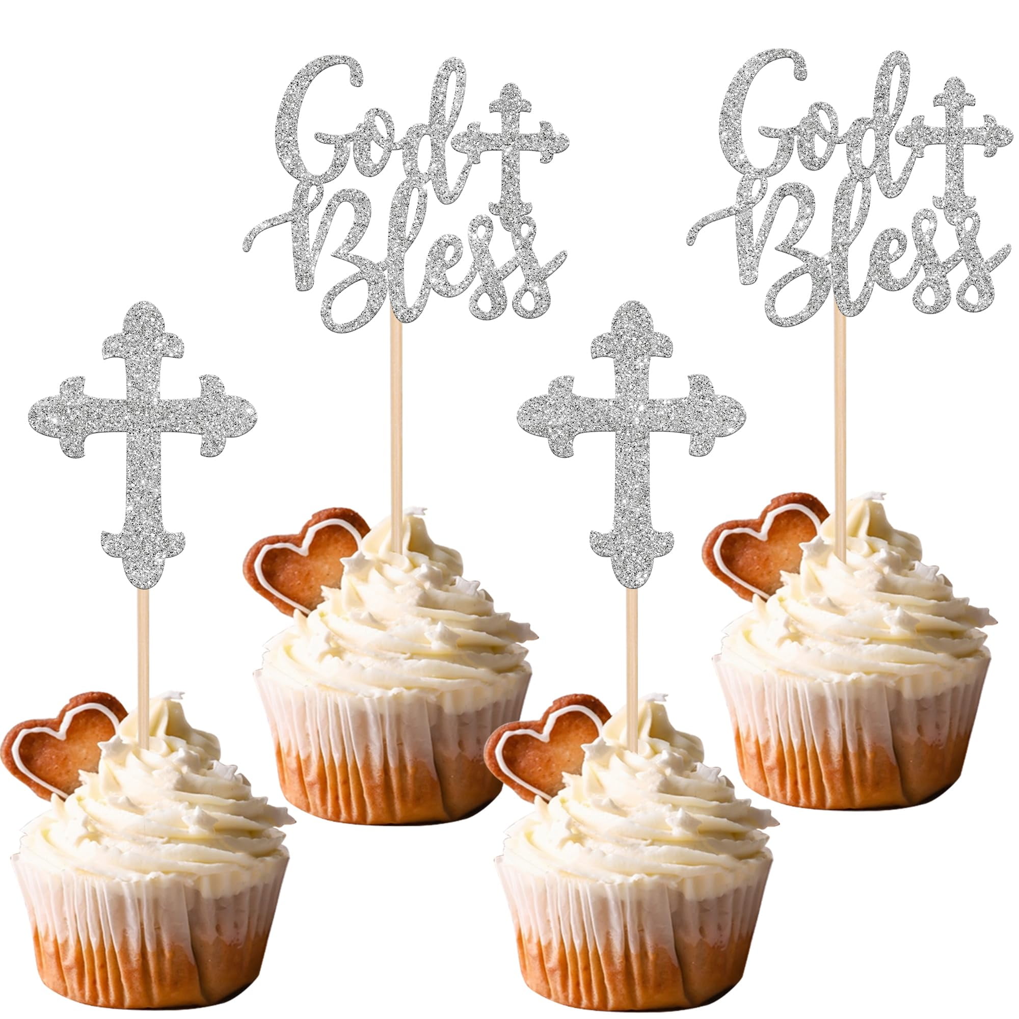 36 PCS God Bless and Baptism Cupcake Toppers Glitter Cross Cupcake ...