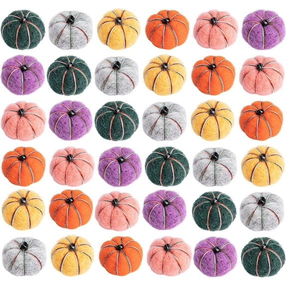 36 PCS Halloween Small Felt Pumpkin Pom Poms, 9 colors Mini Fall Handmade Wool Felt Pumpkins for Crafts Autumn Thanksgiving Halloween Farmhouse Decoration