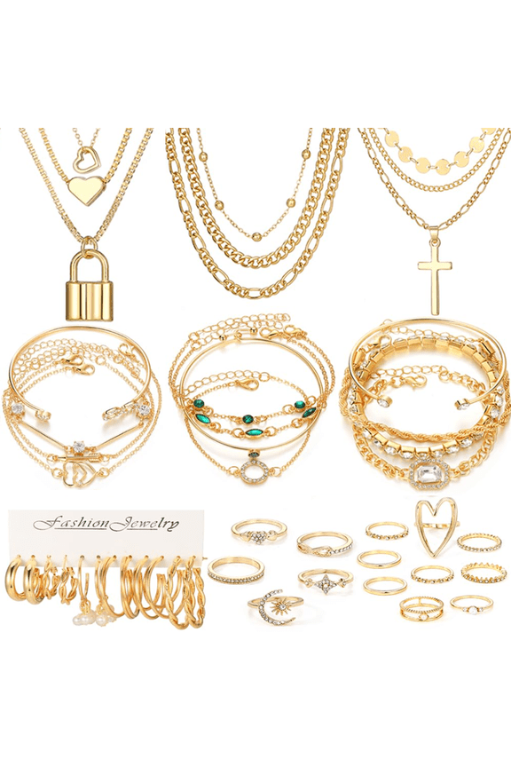 36 PCS Jewelry Set for Women, Dainty Dangle Earrings, Stackable Ring, Multi-Layered Bracelet Necklace Fashion Party Jewelry Pack Gift for Her