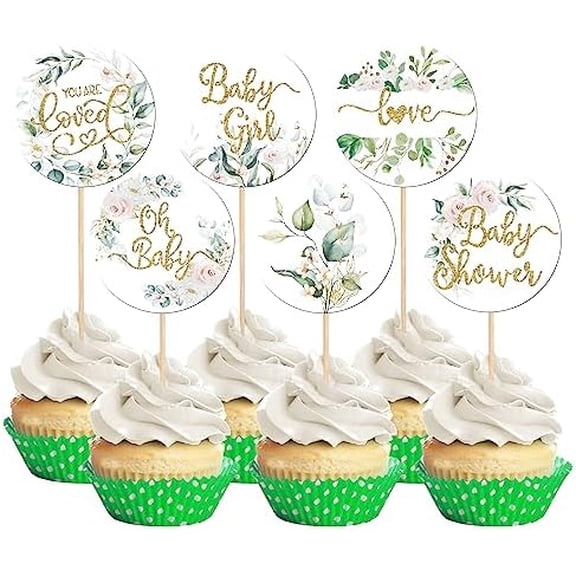 36 PCS Oh Baby Cupcake Toppers Floral Leaves Baby Shower Cupcake Picks Love Baby Girl Cupcake Decorations for Baby Shower Gender Reveal Theme Girls Birthday Party Cake Decorations Supplies