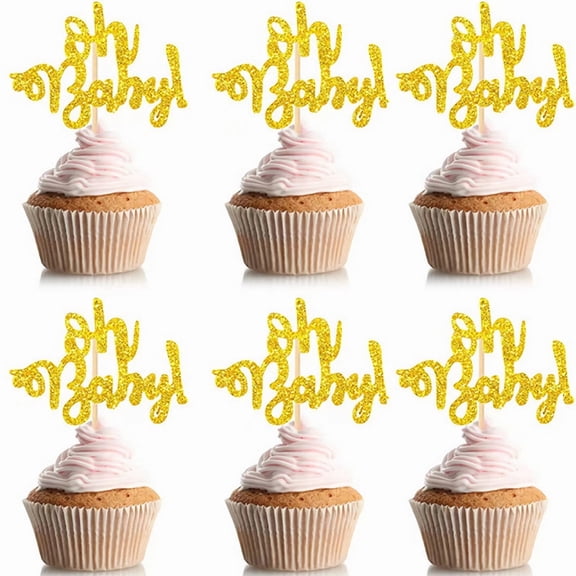 36 PCS Oh Baby Cupcake Toppers Glitter Baby Shower Cupcake Picks Decorations for Celebrating Baby Shower Kids Birthday Party Supplies Gold