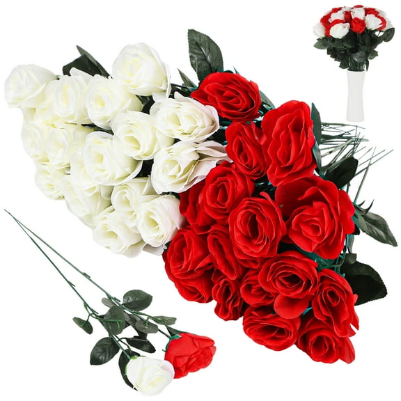 36 PCS Red and White Artificial Roses, Bridal Wedding Bouquet, 16.5 in Realistic Silk Cloth Roses, Table Centerpiece Decor