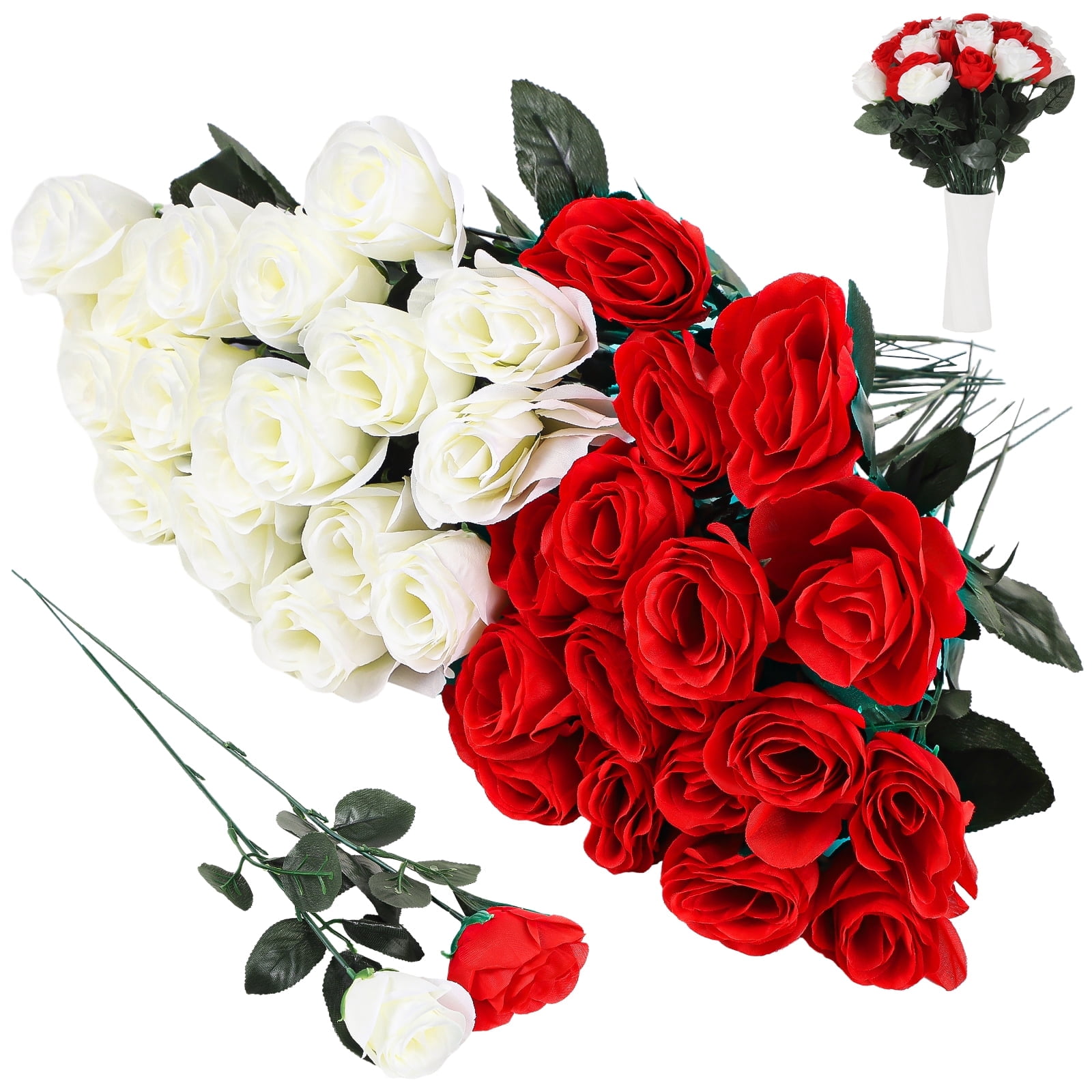 36 Pack Red & White Artificial Roses – 16.5" Realistic Silk Cloth Flowers for Bridal Wedding Bouquets, Table Centerpieces, Party Decor & Home Floral Arrangements