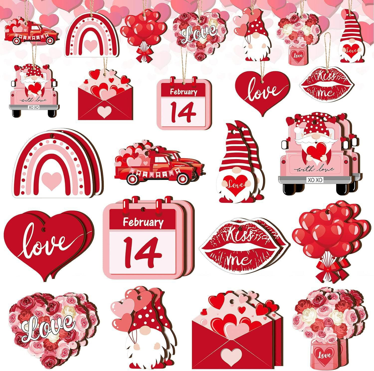 36 PCS Valentine's Day Wood Hanging Ornaments,Love Wooden Hanging Decorations,Heart Gnome Wood Cutouts with Hemp Rope for Small Tree Wedding Valentine's Day Home Decor Party Supplies