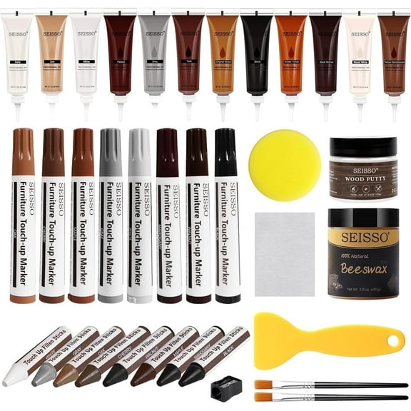 36 pcs Wood Furniture Repair Kit Wood Fillers Wood Putty and Touch Up Markers Wax Fillers Beeswax for Hole, Scratch, Cracks Cover Wooden Floor Door Surface Repair Restore