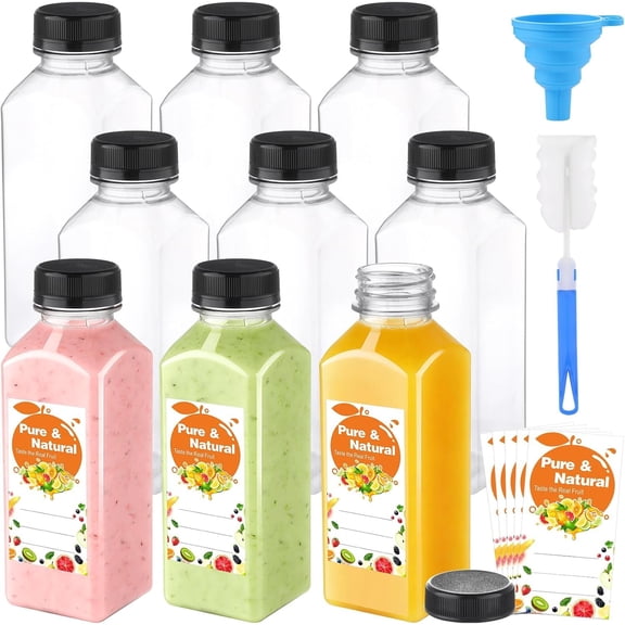 36 Pack 12oz Plastic Juice Bottles with Caps, Empty  Bottles for Juicing Bevergae, Plus Labels & Funnel & Brush, Clear Juice Containers with  for Smoothies Ginger